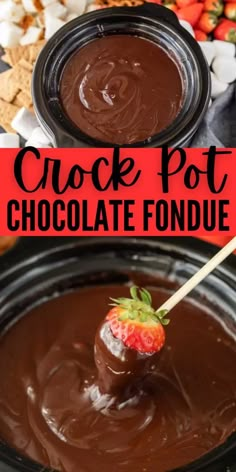 chocolate fondue with strawberries and crackers on the side in a crock pot