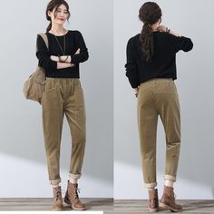 "FEATURES * Corduroy, 60% Cotton * Elastic waist * Two pockets * Loose corduroy pants * Casual corduroy pants * Perfect for winter, autumn, spring * Wash only in cold water and do not expose to direct sunlight Mode size Height 170cm (5′ 7″) Bust 84 cm (33\") Waist 66 cm (26\") She wears size XS. ★★ Get your size in Size Chart with your body measurement https://www.etsy.com/listing/794055682 ★★ Warmly Note: 1 ) : Loose hips design will show different Upper body effect when People of different siz Cargo Corduroy Pants Outfit, Cute Winter Pants, Winter Corduroy Tapered Leg Pants, Winter Corduroy Tapered Leg Bottoms, Winter Corduroy Ankle-length Pants, Winter Ankle-length Corduroy Bottoms, Khaki Corduroy Bottoms For Fall, Fall Corduroy Khaki Bottoms, Fall Khaki Corduroy Bottoms