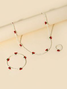 3pcs/Set Adorable Cherry Beaded Necklace, Bracelet And Ring Women Jewelry Set - Valentine's Day Gift White    Glass     Women Fashion Jewelry, size features are:Bust: ,Length: ,Sleeve Length: Cherry Beaded Necklace, Fruit Necklace, Bracelet And Ring, Women's Jewelry Sets, Watches Women Fashion, Ring Women, Flower Earrings Studs, Butterfly Pendant, Necklace Bracelet