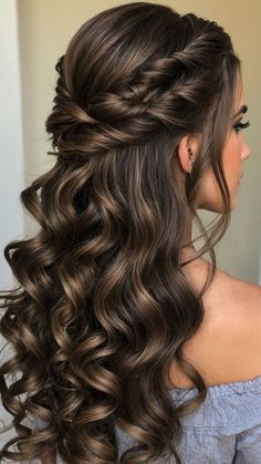 Half Up Half Down Wedding Hair With Volume, Wedding Hairstyles Long Hair With Veil, Bridal Hair Ideas Long Hairstyles, Straight Hair Looks For Prom, Pretty Hairstyles For Prom, Big Curls Hairstyles, Rambut Brunette, Formal Hairstyles For Long Hair, Long Brunette Hair