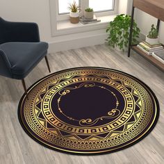 a living room with a round rug on the floor and a chair in front of it