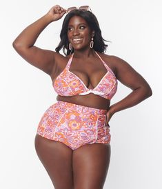 Unique Vintage Plus Size Purple & Orange Bohemian Floral Print Halter Swim Top - Unique Vintage - Womens, SWIM, TOP Halter Bra Top, Plus Size Bohemian, Halter Swim Top, Plus Size Tankini, Retro Bohemian, Vintage Plus Size, Swimsuit Material, Plus Size Swim, Halter Strap