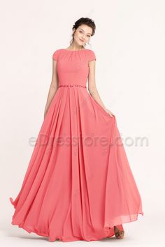 Coral Modest Prom Dresses Cap Sleeves Cap Sleeves Prom Dress, Light Pink Bridesmaid Dresses Modest, Modest Grad Dress, Modest Formal Dresses With Sleeves, Modest Fancy Dresses, Simple Prom Dress Modest, Lds Prom Dresses, Modest Prom Dresses With Sleeves, Modest Prom Dresses For Teens