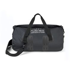 a black duffel bag with the words columbia wilderness printed on it's side