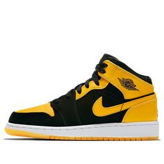 (GS) Air Jordan 1 Retro Mid 'New Love' 2017 554725-035 (AJ1/SNKR/Mid Top/Basketball) Yellow Sneakers With Boost Midsole For Sports, Yellow Basketball Shoes With Round Toe, Yellow Basketball Shoes For Sports With Round Toe, Yellow Round Toe Basketball Shoes For Sports Events, Yellow Sporty Basketball Sneakers, Yellow Sporty Sneakers For Basketball, Yellow Basketball Shoes With Boost Midsole, Yellow Basketball Shoes With Boost Midsole For Sports Events, Yellow High-top Sneakers For Sports Events