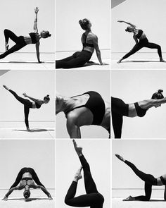 a woman doing yoga poses in multiple different positions, including the handstand and legs