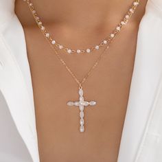 Attached layers Includes everything pictured Material: gold plated brass, crystals Length: 17" + 2" extension Pendant size: 1" x 1.5" IMPORTED Bead Cross Necklace, Bead Cross, Pearl Cross Necklace, Pastel Necklace, Rectangle Necklace, Silver Pearl Necklace, Crystal Cross, Gold Cross Necklace, Beaded Cross