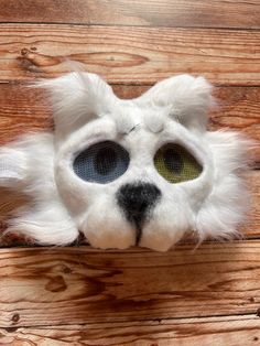 One of a kind, hand felted and painted therian mask. This cuddly polar bear mask features fun synthetic fur, cute nose, and oversized eyes. Kid sized mask is held on with elastic, contains a paper mache base coated in felt. Mask shown is the one you will receive. Bear Therian, Polar Bear Mask, Cute Nose, Bear Mask, Therian Mask, Felt Mask, Costume Masks, Costume Mask, Hand Felted