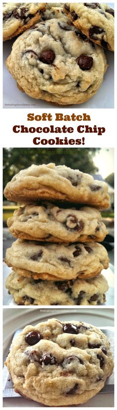 chocolate chip cookies are stacked on top of each other with the words soft batch chocolate chip cookies