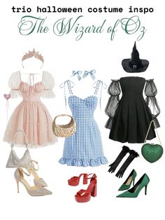 three different dresses and shoes with the words trio halloween costume infopo on them,