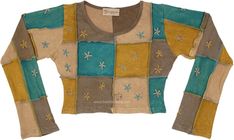 A desert sand yellow and turquoise blue scheme in this Handmade Patchwork Short Crop Top that is lovingly crafted, featuring a unique combination of light color patchwork and delicate hippie embroidery. The long sleeves add an extra touch of elegance to this trendy and versatile crop top. #tlb #Patchwork #Stonewash #JuniorPetite #XLPlus #Fall #bohemianfashion #longsleevehippietop Casual Tops With Multicolor Embroidery And Patchwork, Yellow Long Sleeve Patchwork Tops, Long Sleeve Yellow Patchwork Tops, Cream Long Sleeve Top With Patchwork, Bohemian Tops With Multicolor Embroidery And Patchwork, Fitted Long Sleeve Tops With Floral Patchwork, Blue Bohemian Tops With Floral Patchwork, Bohemian Blue Tops With Floral Patchwork, Hippie Long Sleeve Patchwork Tops