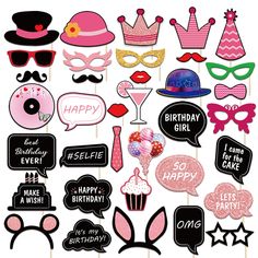 pink and black photo booth props for a birthday party or masqueradee theme