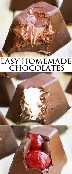 chocolates are stacked on top of each other with the words easy homemade chocolates