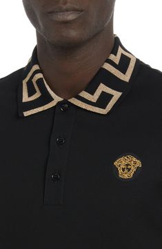 Glimmering Greek-key patterning highlights the spread collar on this cotton-blend piqué polo further refined with an embroidered Medusa head at the chest. 28 1/2" length (size Medium) Spread collar Short sleeves 60% polyester, 40% viscose Machine wash, dry flat Imported Men's Designer Clothing Medusa Head, Black Polo, Gold Rhinestone, Greek Key, Designer Clothes For Men, Fabric Gifts, Free Fabric, Clothing Items, Versace