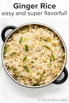 a pan filled with rice and herbs on top of a white tablecloth that says ginger rice easy and super flavorful