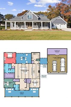 the floor plan for this ranch house is shown in two different colors and features an attached garage