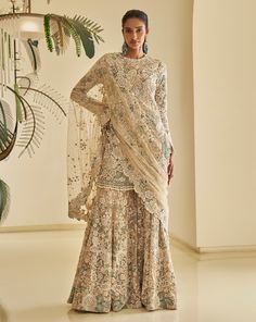 Nude Floral Sharara Set Floral Sharara, Beige Kurta, Seema Gujral, Embroidered Sharara, Character Wardrobe, Bird Stencil, Desi Wear, Wedding Reception Dress, Vogue India