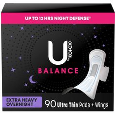 PRICES MAY VARY. U by Kotex Balance Ultra Thin Overnight Pads with Wings, Extra Heavy Absorbency, 90 Count (3 packs of 30, 90 feminine pads total); the same trusted product you love, made with no harsh ingredients The Most Coverage of Ultra Thin Pads*: Made with a 60% larger front and 80% larger back**, the overnight pad provides up to no back leaks (*of Ultra Thin Pad Market) (**vs. U by Kotex Balance Ultra Thin Regular Pad) Protection No Matter How You Sleep: Overnight feminine pads offer up t Kotex Pads, Feminine Pads, Maxi Pad, Period Pads, Kimberly Clark, Menstrual Pads, Panty Liner, Sanitary Pads, Feminine Hygiene