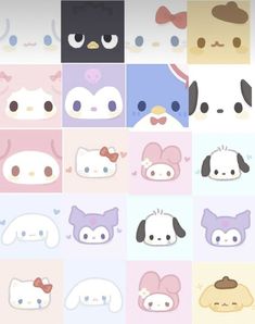 many different types of animal faces in various colors and sizes, including one with a bow on