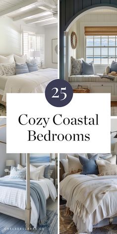 cozy coastal bedroom designs with blue and white colors for the walls, windows, and bedding