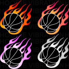 three basketballs with flames on them in different colors