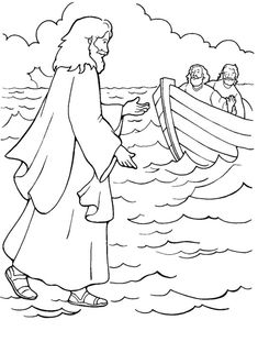 jesus walking on the water with his boat and two men in it coloring page for kids