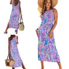 Pastel Abstract Floral Print Sleeveless Maxi Tank Dress. This Dress Has Lilly Pulitzer Vibes With Its Gorgeous Vibrant Watercolor Shades And Bold Print. It Is Designed With A Maxi Length That Provides Modest Coverage And Is Bra Friendly. It Includes A Crew Neckline, Sleeveless, Side Slits, Allover Pattern, And A Long Ankle Length. Perfect For A Wedding, A Party, A Date Night, Or A Casual Weekend Outing. It Is A Practical And Stylish Addition To Any Wardrobe. Nice Body Contouring Stretch That Wil Purple Sleeveless Dress For Beach In Spring, Purple Sleeveless Dress For Beach And Spring, Purple Sleeveless Dress For Spring Beach Occasions, Sleeveless Purple Summer Dress, Sleeveless Purple Beach Dress, Purple Sleeveless Mini Dress For Spring, Purple Sleeveless Summer Dress, Purple Sleeveless Maxi Dress For Beach Season, Sleeveless Purple Maxi Dress For Beach Season