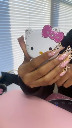 hello kitty, duck nails, french tip nails, airbrush nails, cheetah Pink French Hello Kitty Nails, Duck Nails Y2k Hello Kitty, Cheetah Duck Nails, Kawaii Duck Nails, Duck Tail Nails, Hello Kitty Bling Nails, French Nail Aesthetic, Duck Nails Hello Kitty, Duck Nails French Tip