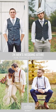 men's wedding attire for the vintage bride and groom, including vests, shirts, pants, ties, shoes, hats