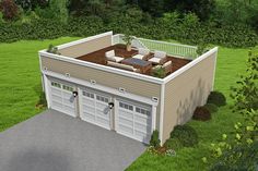 an overhead view of a two car garage with attached deck and seating area on the roof