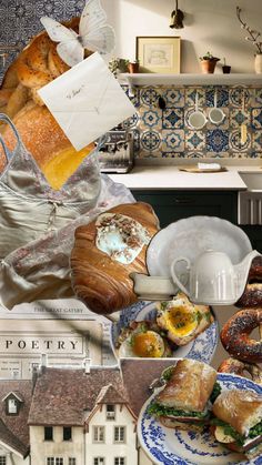 a collage of photos with bread, pastries and other things in them on the table