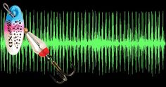 two fishing lures are in front of an audio wave