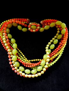 Vintage 60's Coral YELLOW lucite Bead multi strand Flower enamel clasp NECKLACE  -- Art. 138/2 - by RAKcreations on Etsy https://www.etsy.com/listing/231911878/vintage-60s-coral-yellow-lucite-bead Vintage Yellow Necklace With Colorful Beads, Handmade Vibrant Yellow Necklace, Yellow Multi-strand Jewelry With Polished Beads, Vintage Lampshades, Vintage Orange Large Beads, Bakelite Jewelry, Vintage Yellow Polished Beads, Necklace Art, Clasp Necklace