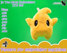 a yellow stuffed animal with the words pattern for embroidery machines on it's back