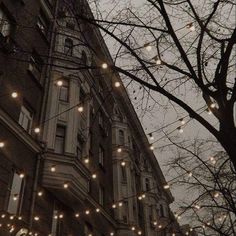 an old building with christmas lights hanging from it's sides and trees in front