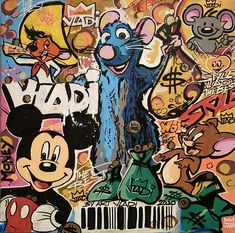 an image of graffiti on the side of a wall with mickey mouse and other cartoon characters