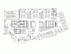 the floor plan for an office building, with several tables and chairs in each room