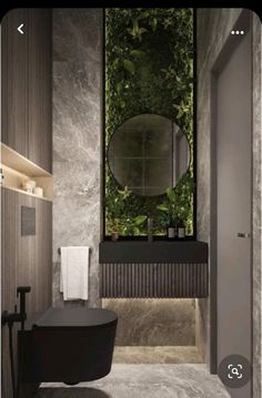 a bathroom with a sink, mirror and plants on the wall