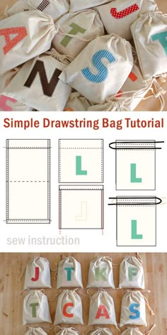 the instructions for how to make an easy drawstring bag with letters and numbers