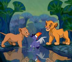 the lion king and his friends are playing in the water with their reflection on the surface