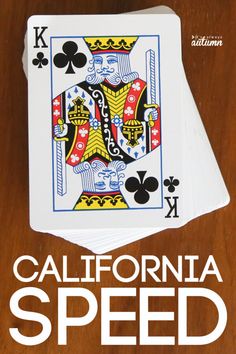 the california speed playing cards are stacked on top of each other with text overlay