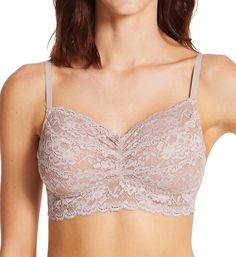 Look sweet in this flirty floral lace bra in solid and cross-dyed colors, styled with convertible straps and wireless cups for all-day comfort and light support. Made of nylon, elastane and polyester. Wireless, stretch lace cups have a mesh lining, with angled darts for shape. Floral-patterned, stretch lace cup overlay has scalloped edges. Sewn-on elastic along top cup edge and underarms for custom fit. Dual sewn-on elastic bands at base of cups keep fit close to the body, and have scalloped lac Wrap Dress Styles, High Neck Bra, Soft Bra, Pink Sports Bra, Lace Inset, Women Essentials, Keep Fit, Scalloped Edges, Scalloped Lace