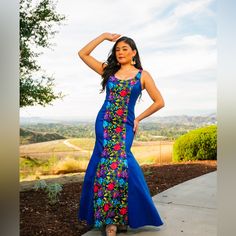 Taffeta Fabric A Little Stretch Include Rebozo Fitted Blue Fiesta Dresses, Blue Fitted Dress For Fiesta, Fitted Blue Dress For Fiesta, Fitted Maxi Dress For Fiesta, Fitted Sleeveless Dress For Fiesta, Mexican Dresses For Women, Cute Halloween Makeup, Mom Party, Mexican Dress