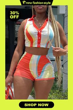 Colorblock Print Turndown Collar Sleeveless Buckle Tank Crop Tops And Shorts Two Pieces Shorts Sets Summer Silhouette, Tops And Shorts, Two Piece Short Set, Shorts Sets, Valentines Lingerie, Colorful Crop Tops, Block Color, Leather Lingerie, Crop Top And Shorts