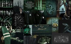 a collage of harry potter images with green and black colors, including slys