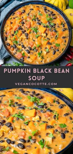 pumpkin black bean soup in a blue bowl