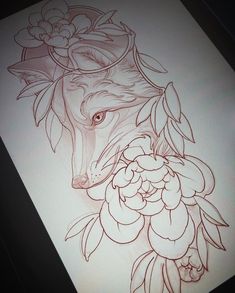 a drawing of a fox with flowers on it's head