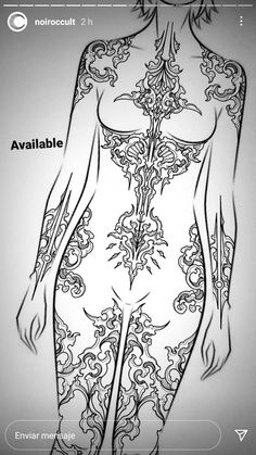 a drawing of a woman's body with tattoos on her chest and arms, in black