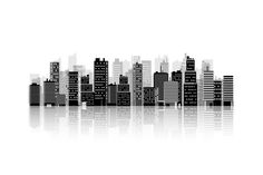 black and white cityscape with buildings reflected in the water on a white background