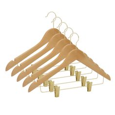 wooden clothes hangers with clips on each side, set of 6 in natural finish